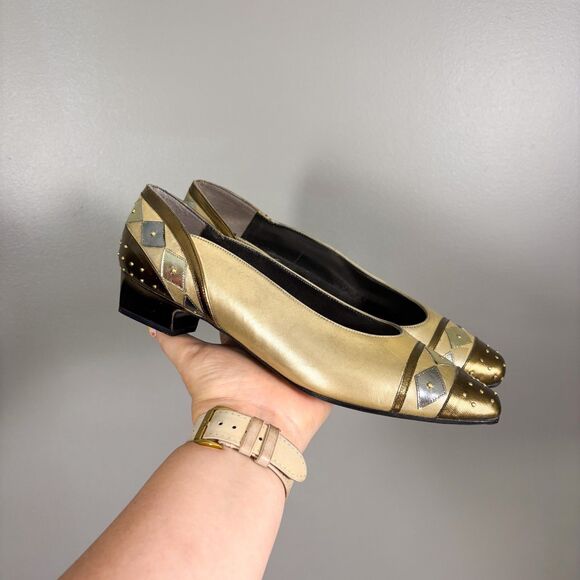 Vintage‎ 80s Margaret Jerrold Kitten Heels 6 M Leather Gold Artsy Diamond Whimsy - Picture 1 of 9